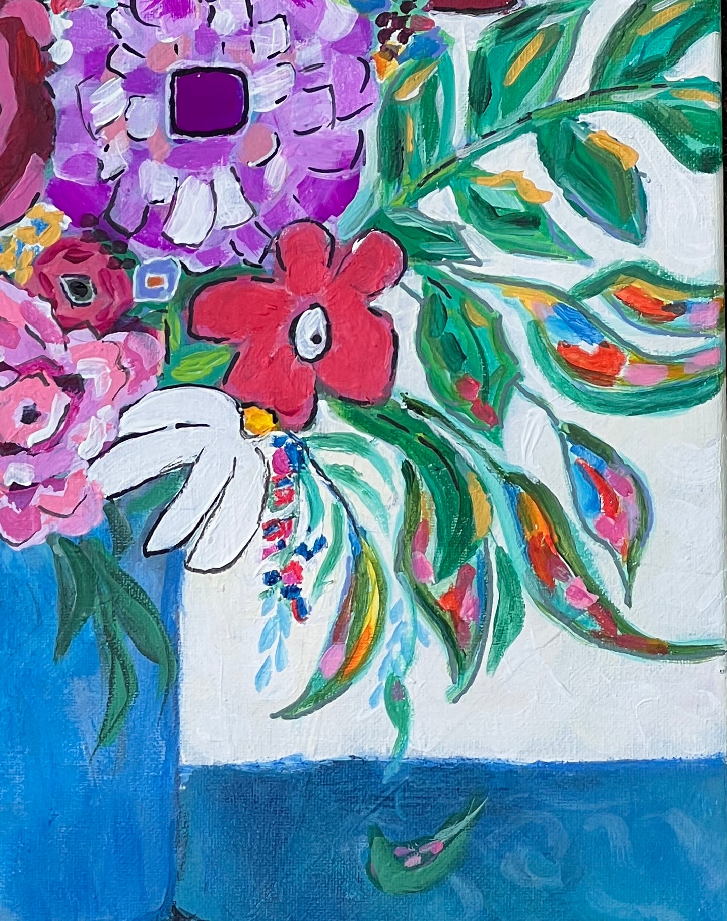 detail shot of floral painting in purple, pink and blue