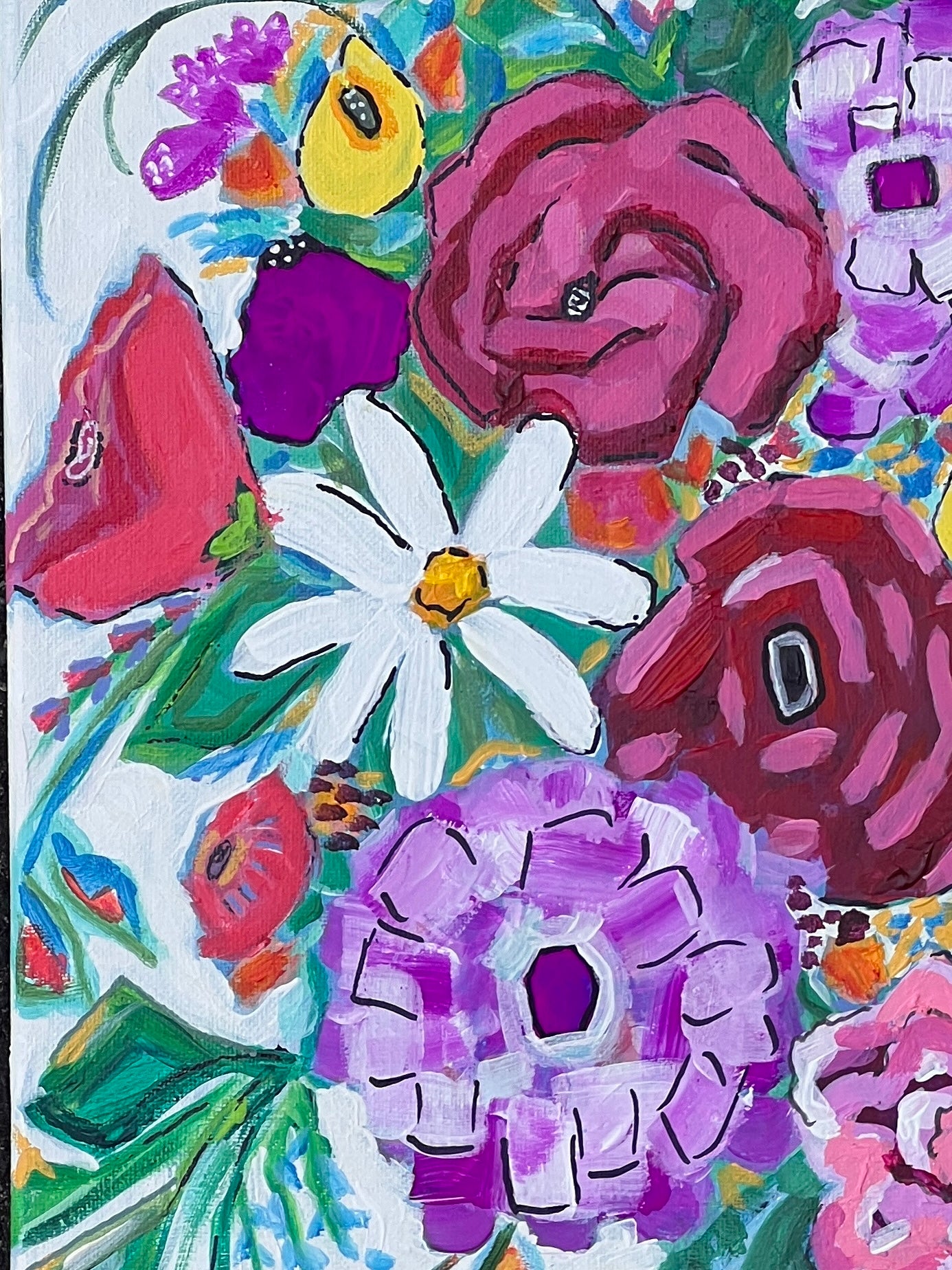 detail shot of floral bouquet painting in magenta, coral white, green and yellow.