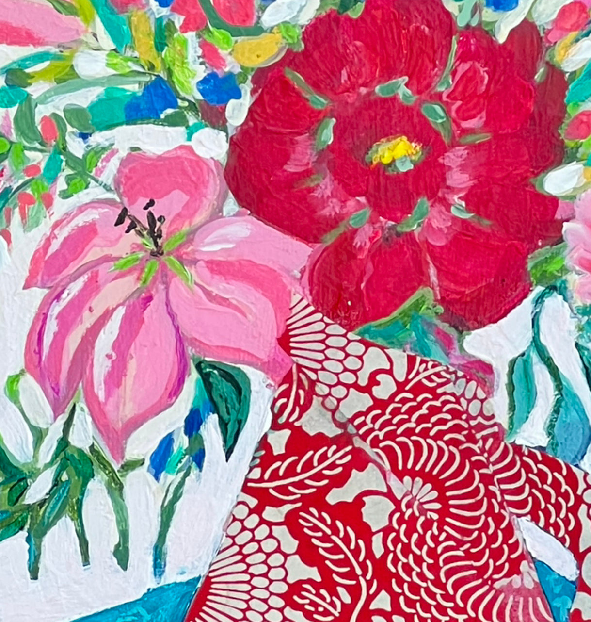 bright red floral bouquet with chiyogami paper collage