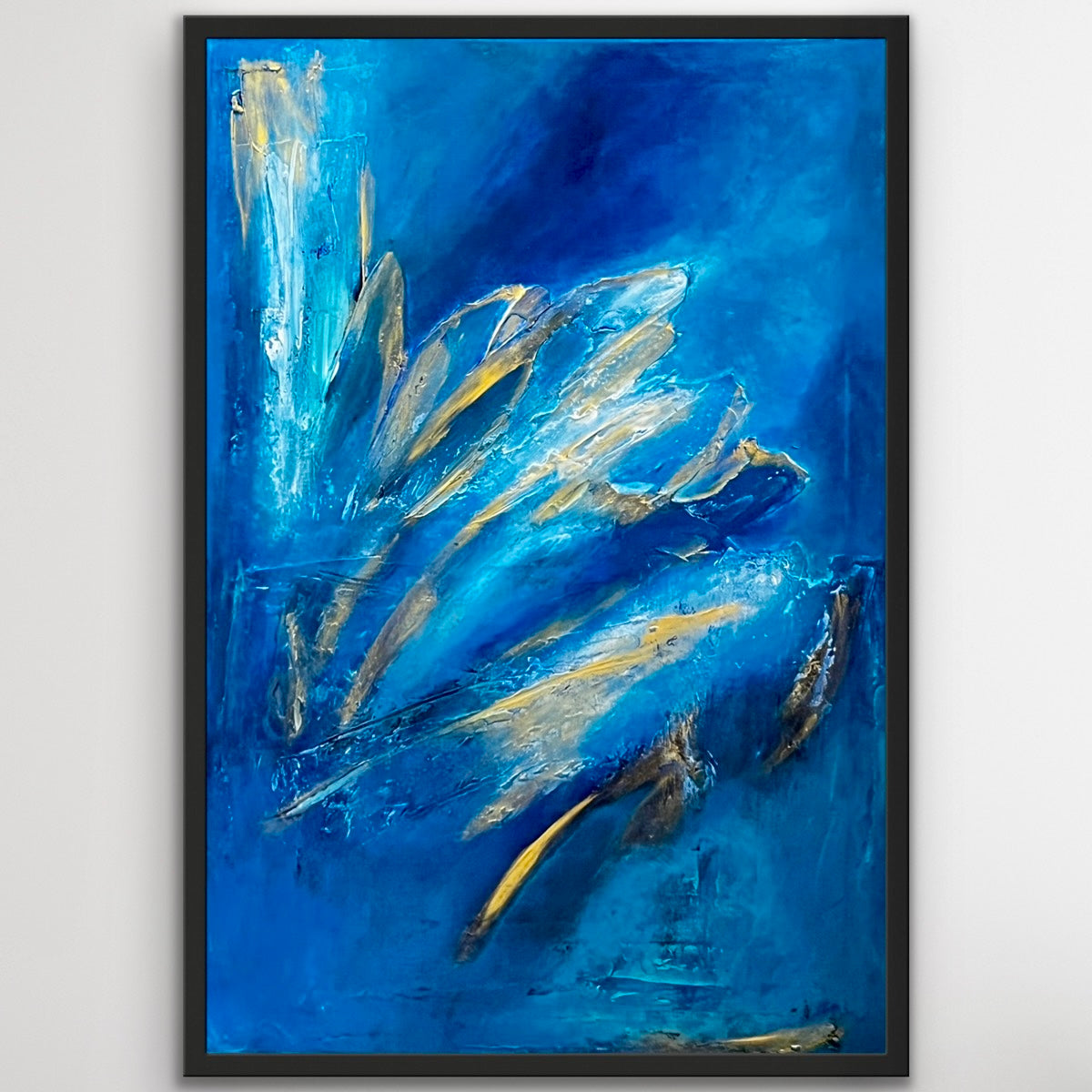 Turquoise and gold abstract painting with rich texture, framed in a matte black floater frame